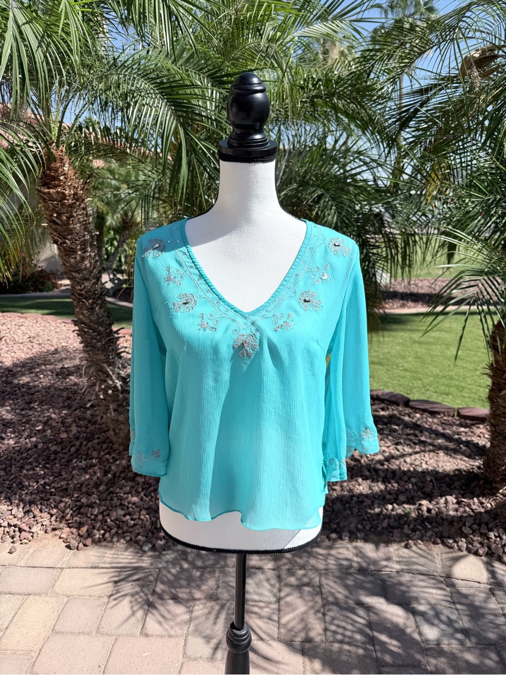 Daisy Fuentes Embellished V-Neck Women’s Top in Aqua - Size S